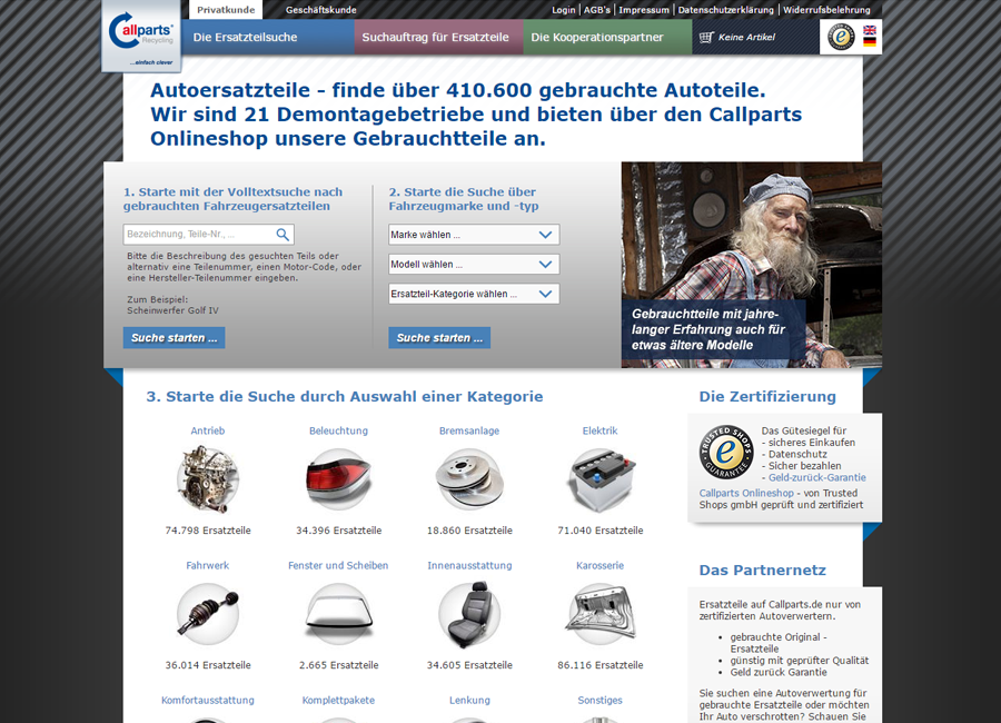 Screenshot der Startseite der Callparts Recycling GmbH